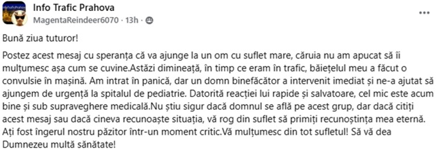 Mesajul unui părinte, pentru necunoscutul care i-a sărit în ajutor: „Datorită reacției lui rapidă și salvatoare, cel mic este acum bine și sub supraveghere medicală”